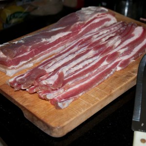 Sliced home-cured streaky bacon