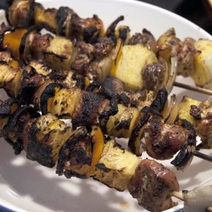 Jerk pork kebabs with pineapple, onion and pepper
