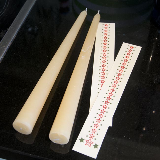 Plain candles with waterslide transfers