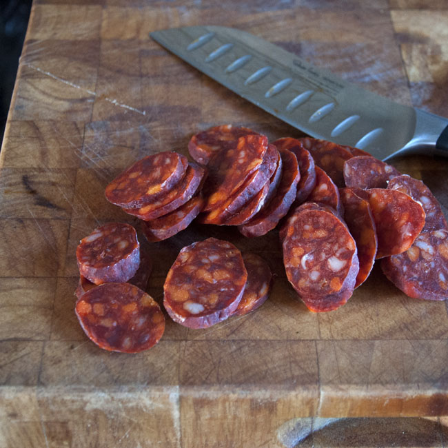 Thinly slice your chorizo